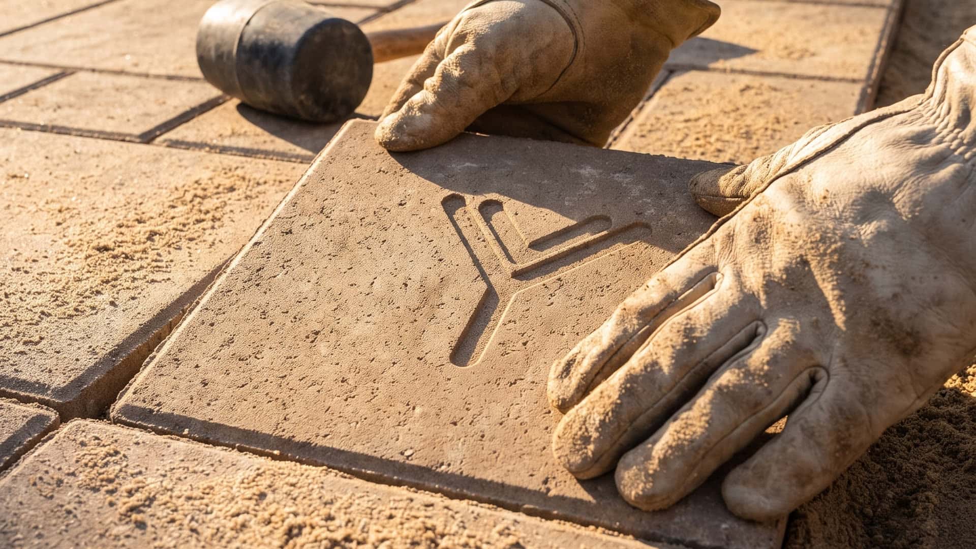 Gloved hands setting a paver stamped with the Yardro mark into a new patio, a rubber mallet beside it, sand in the joints, morning light