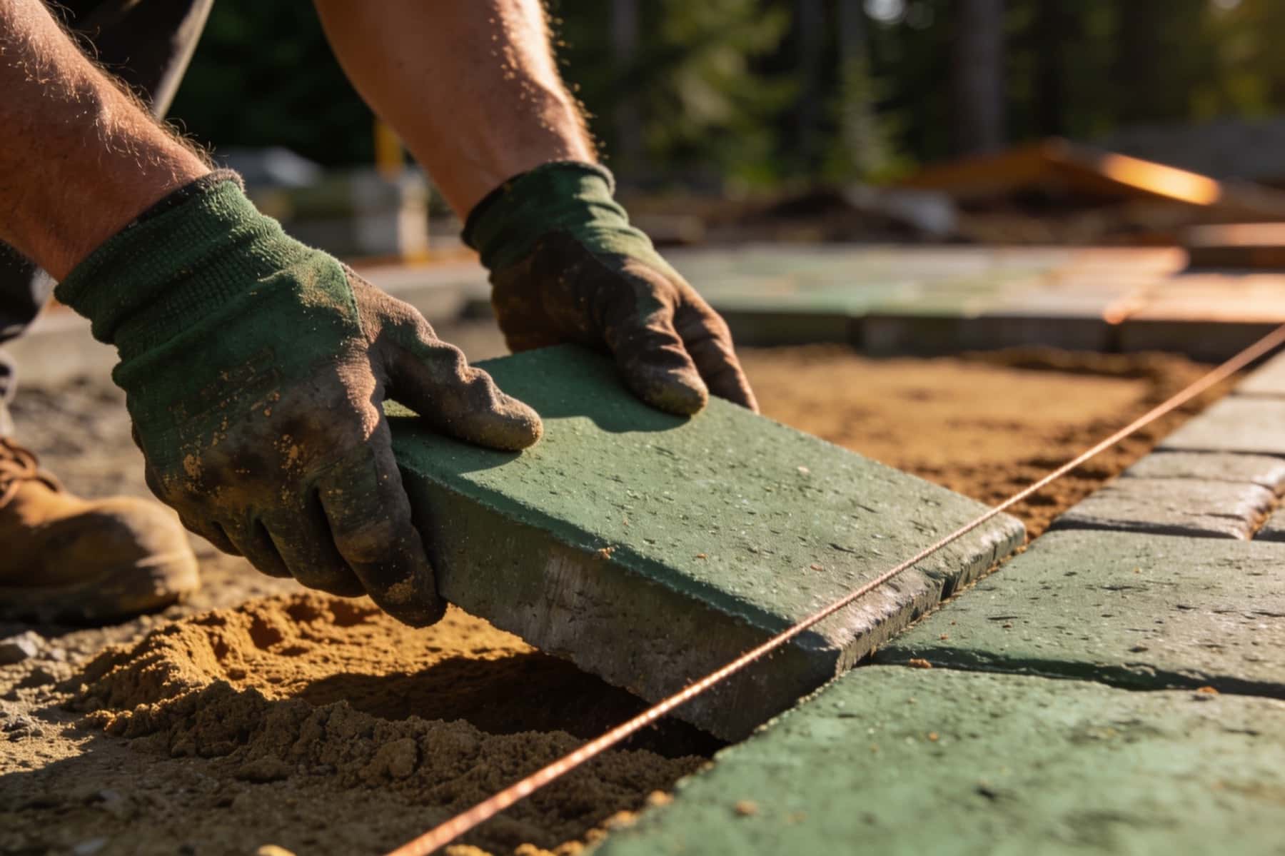 Gloved hands setting a concrete paver onto sand bedding along a string line at a patio install