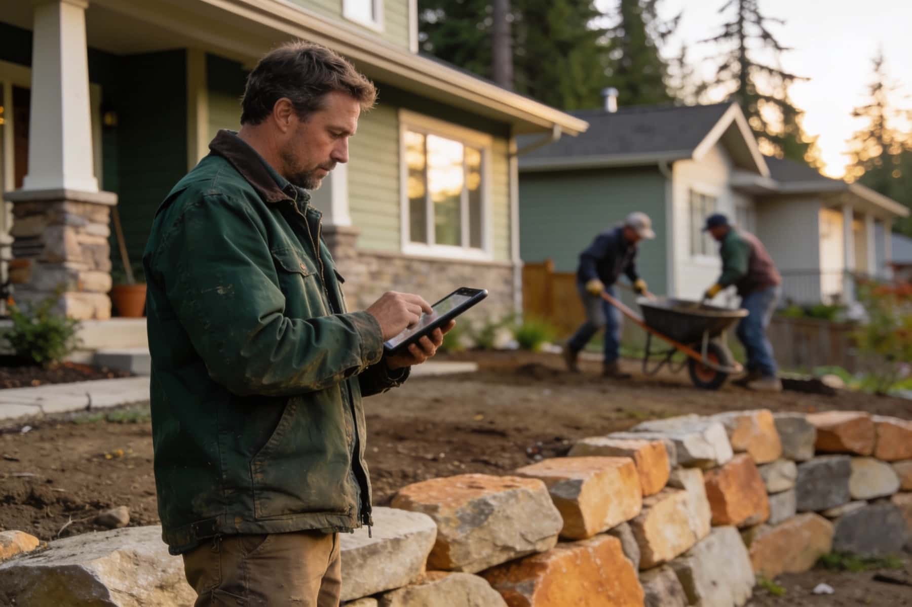 A foreman checks a tablet at a front-yard install while two crew members move soil with a wheelbarrow behind a new boulder wall