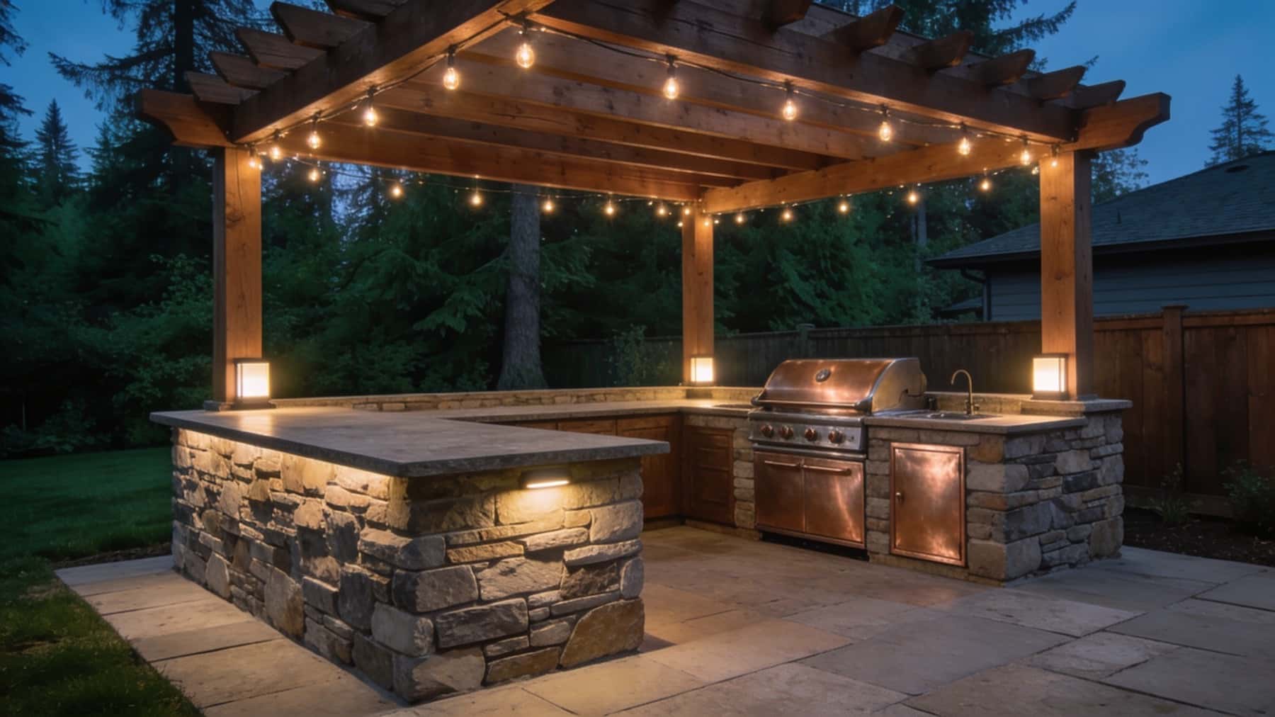 An outdoor kitchen with a stone-clad island, a built-in grill and a sink under a cedar pergola strung with lights at dusk
