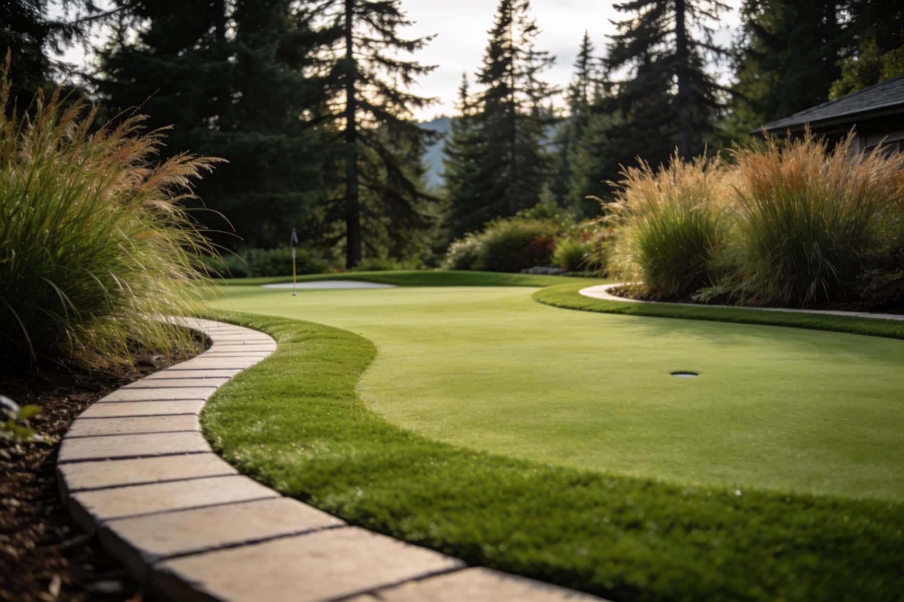 A backyard synthetic putting green with a flag and cup, edged in curved pavers and framed by ornamental grasses