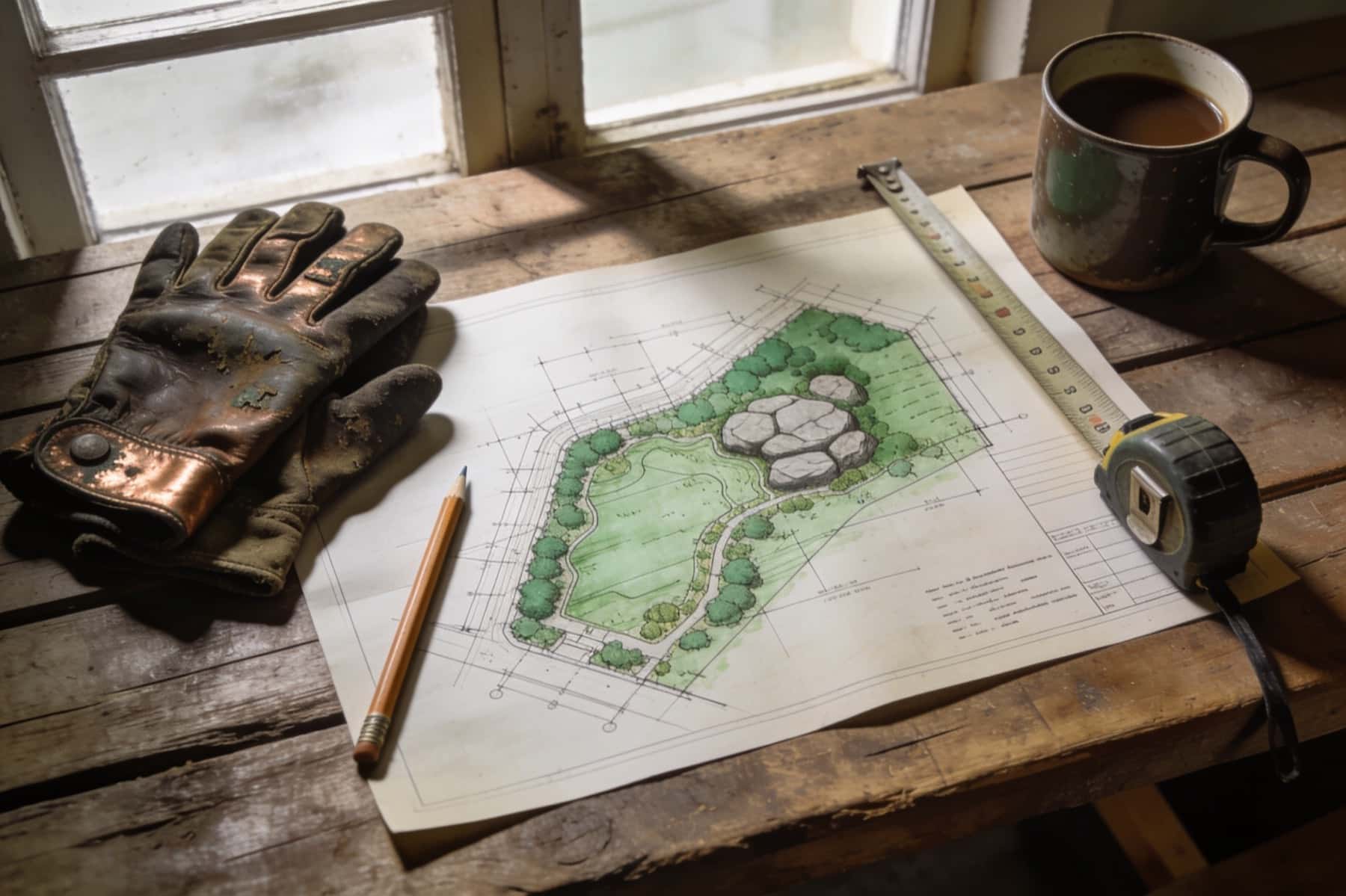 A hand-drawn landscape plan with planting beds, a lawn and a boulder feature on a wooden workbench, beside work gloves, a pencil, a tape measure and a mug of coffee