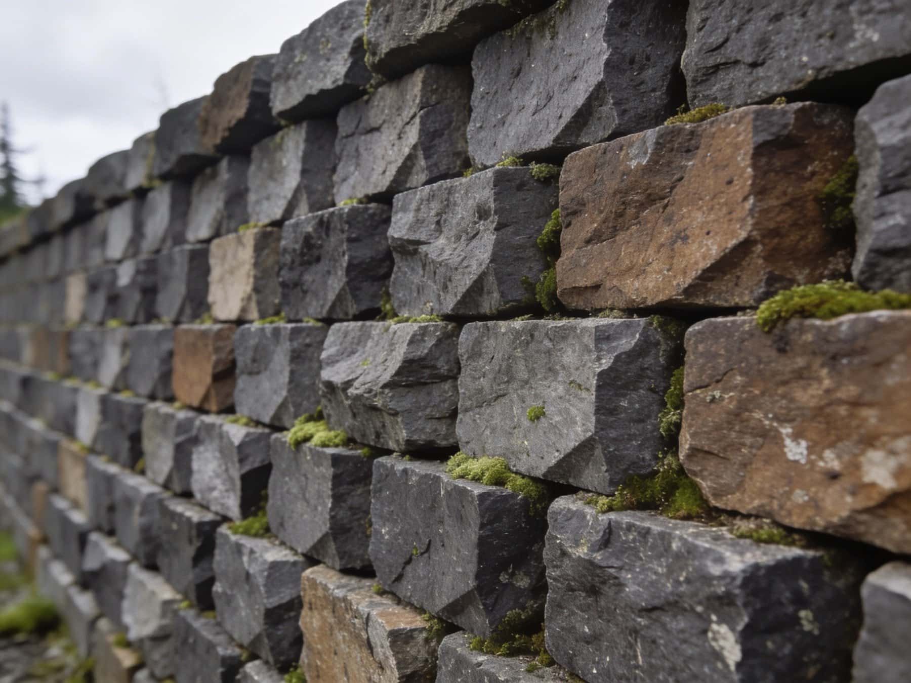 Close-up of a dry-laid stone wall of grey and rust-colored blocks with moss in the joints